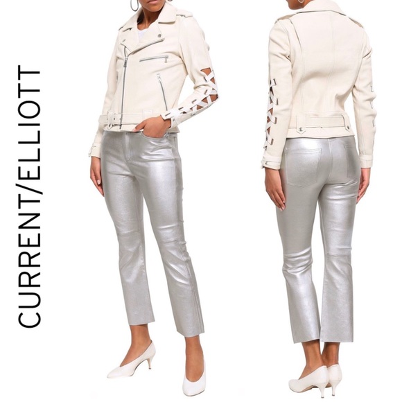 Current / Elliott The High Waist Kick Lamb Leather Silver Metallic Size …